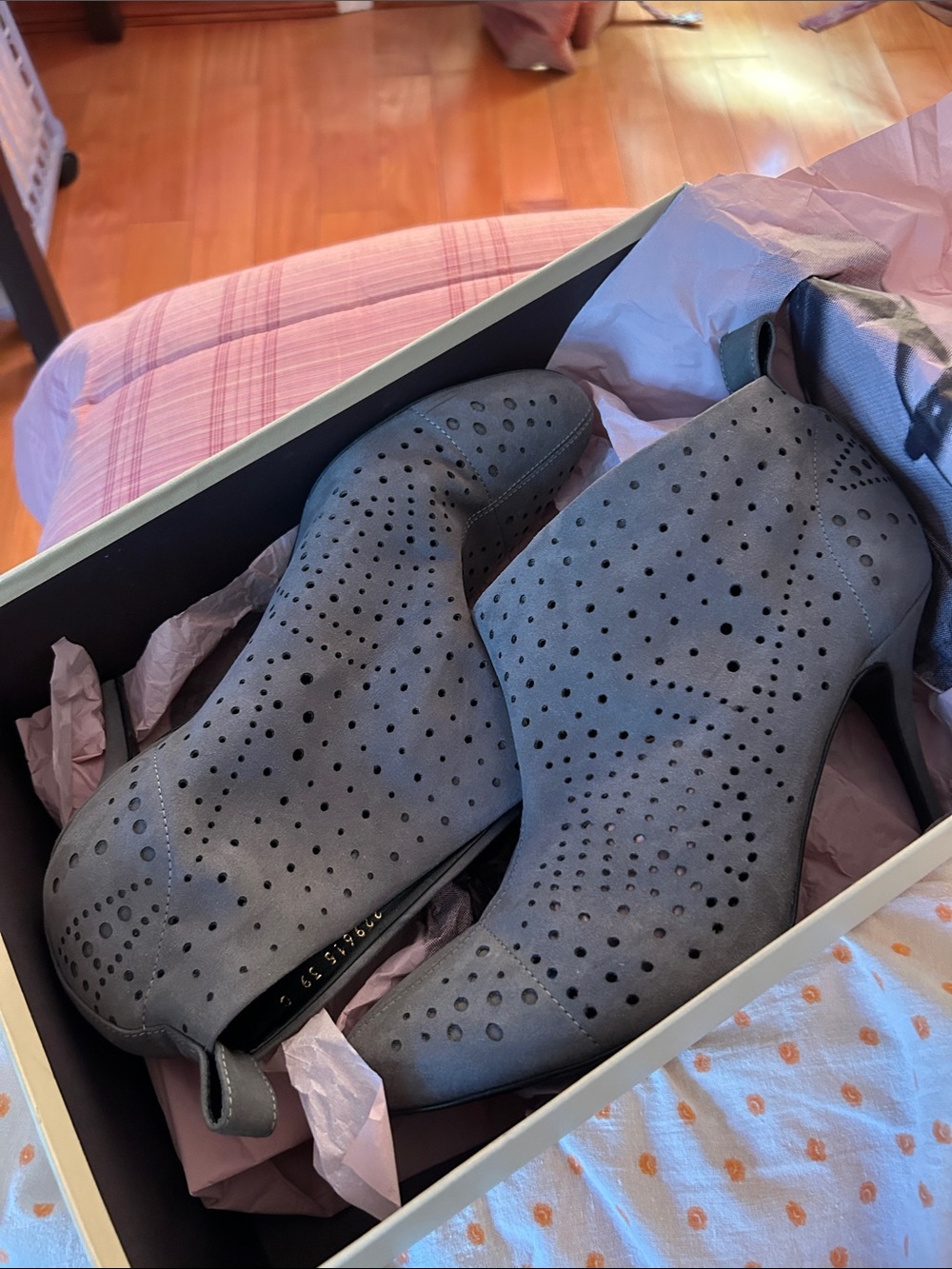 Stella McCartney Perforated Pointed-Toe Ankle Booties in Slate Gray